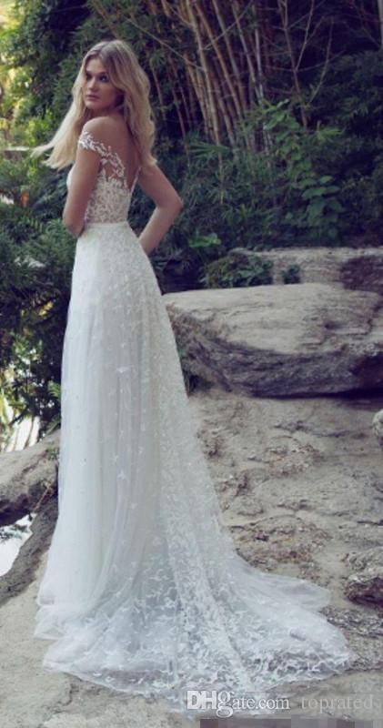 Lace Beach Sexy Boho Dresses Off The Shoulder Side Split Party Bridal Gowns Sweep Train Plus Size Wedding Gowns Custom Made