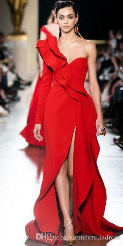 New Modern Red Dresses One Shoulder Long Sleeve Front Split Formal Party Evening Gowns Runway Fashion Prom Wear Custom Made 6660306