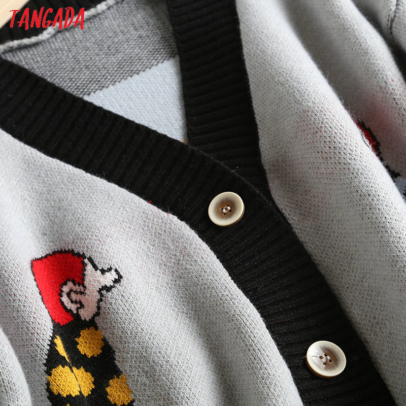 Tangada women cute cartoon cardigan sweater long sleeve buttons female thick knit sweaters basic red black grey tops BC21 V191217