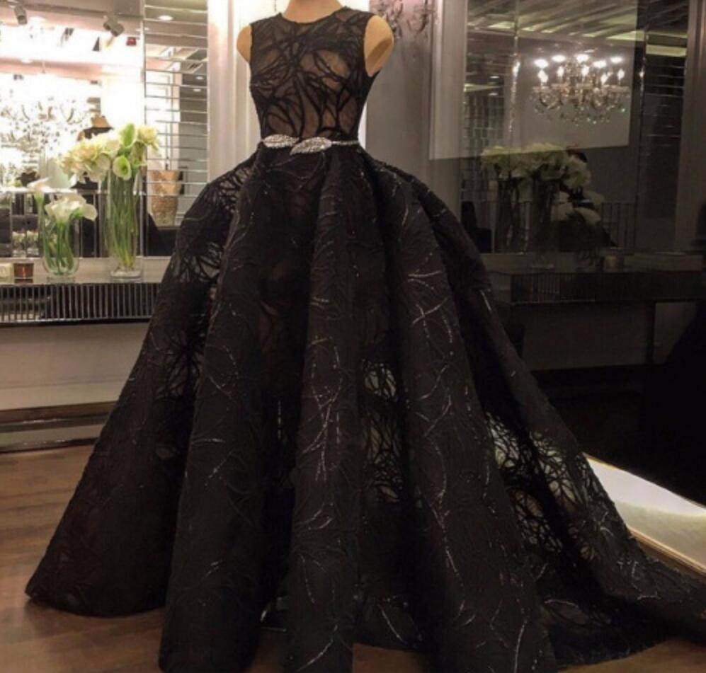 Black Ball Gown Prom Dresses With Belt Jewel Neck Sweep Train Puffy Custom Made Evening Gowns Plus Size Formal Party Dress