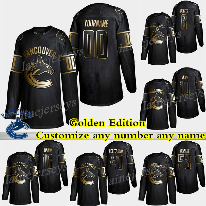 2019 Vancouver Canucks Golden Edition 40 Elias Pettersson 6 Brock Boeser 53 Bo Horvat 33 Henrik Sedin 10 Pavel Bure hockey jerseys, Black
2019 Vancouver Canucks Golden Edition 40 Elias Pettersson 6 Brock Boeser 53 Bo Horvat 33 Henrik Sedin 10 Pavel Bure hockey jerseys, Black
