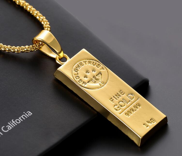 Stainless Steel Necklace Iced Out Golden Bar shape Pendant Round Box Chain Fortune Charm Necklace Hip Hop Mens Christmas Gift WL018
