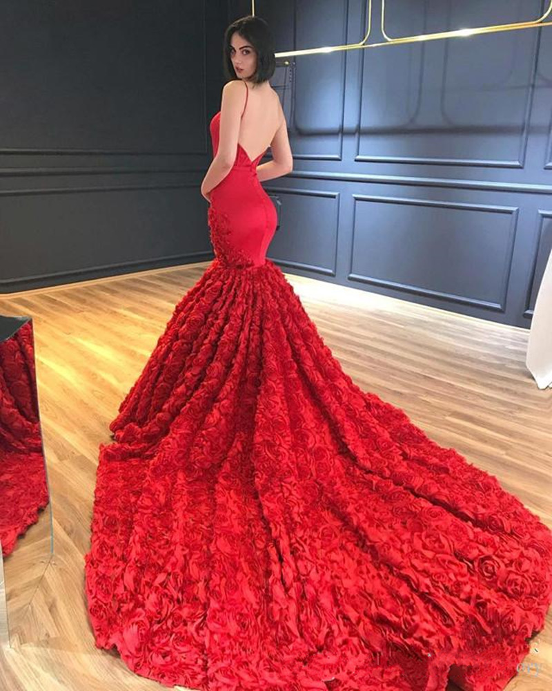 2019 New Red Long Mermaid Prom Dresses Spaghetti Straps 3D Floral Rose Backless Sweep Train Evening Gowns Celebrity Formal Party Dresses