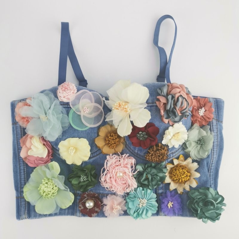 Women Blue Denim Multicolor Floral Embroidery Bralette with Colorful Three-Dimensional Cups and Flowers Appliques Fashion Crop Top Tube Top