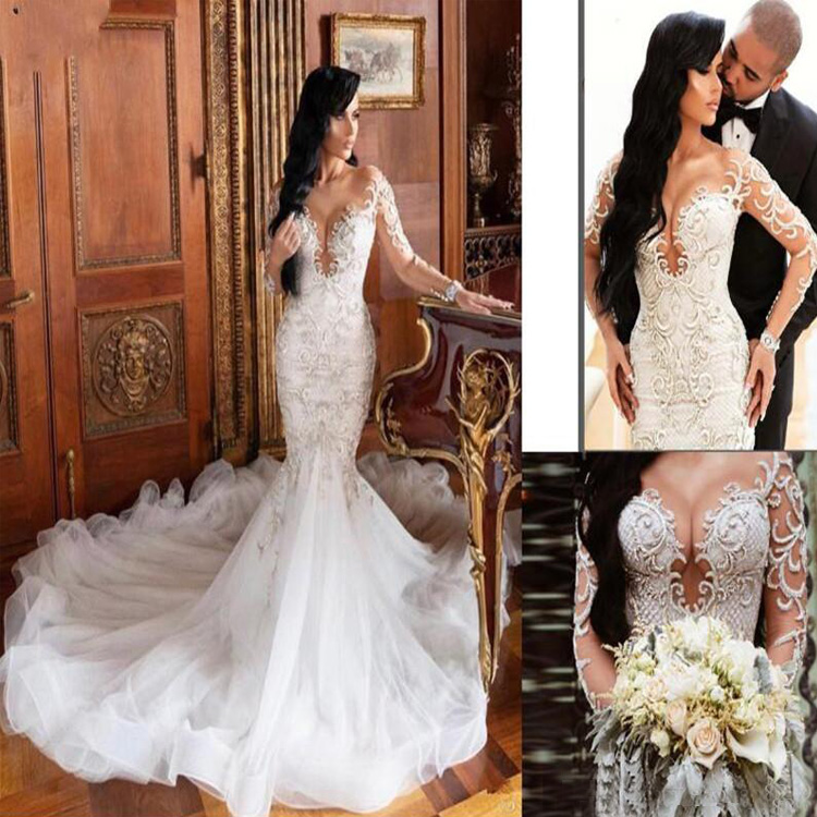 Luxury African Dubai Mermaid Wedding Dresses Illusion Long Sleeves vestido de noiva Lace Appliques Slim Formal Bridal Gowns