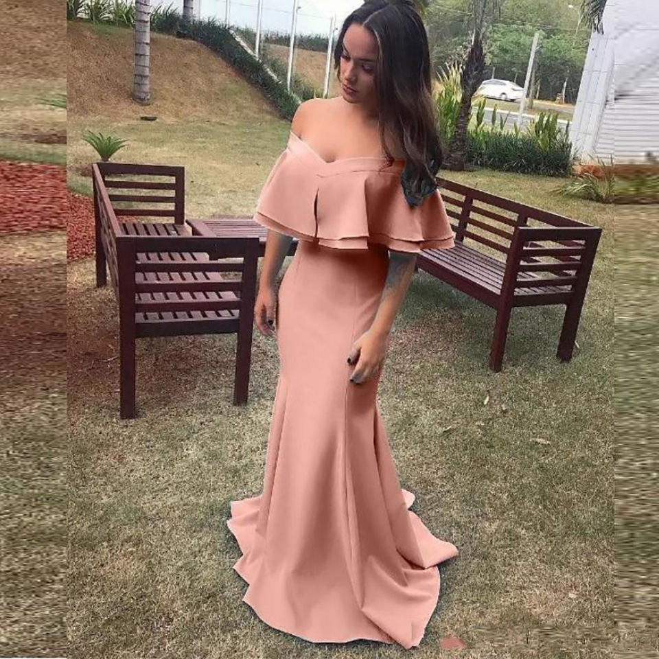 Sexy Elegant Mermaid Bridesmaid Dresses Off The Shoulder Satin Wedding Party Dress Zipper Back Capped Cheap Prom Dress Vestidos BD9061