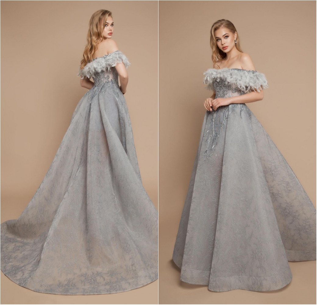 Silver 2020 A Line Prom Dresses Off The Shoulder Feather Beading Evening Gowns Sweep Train Formal Party Second Gowns