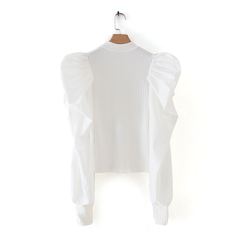 Chic Women Pullover Sweater Autumn 2019 New Fashion Puff Sleeve Stretch Knit Body Patched Poplin Sleeve Modern Lady Ruffles Tops T191230