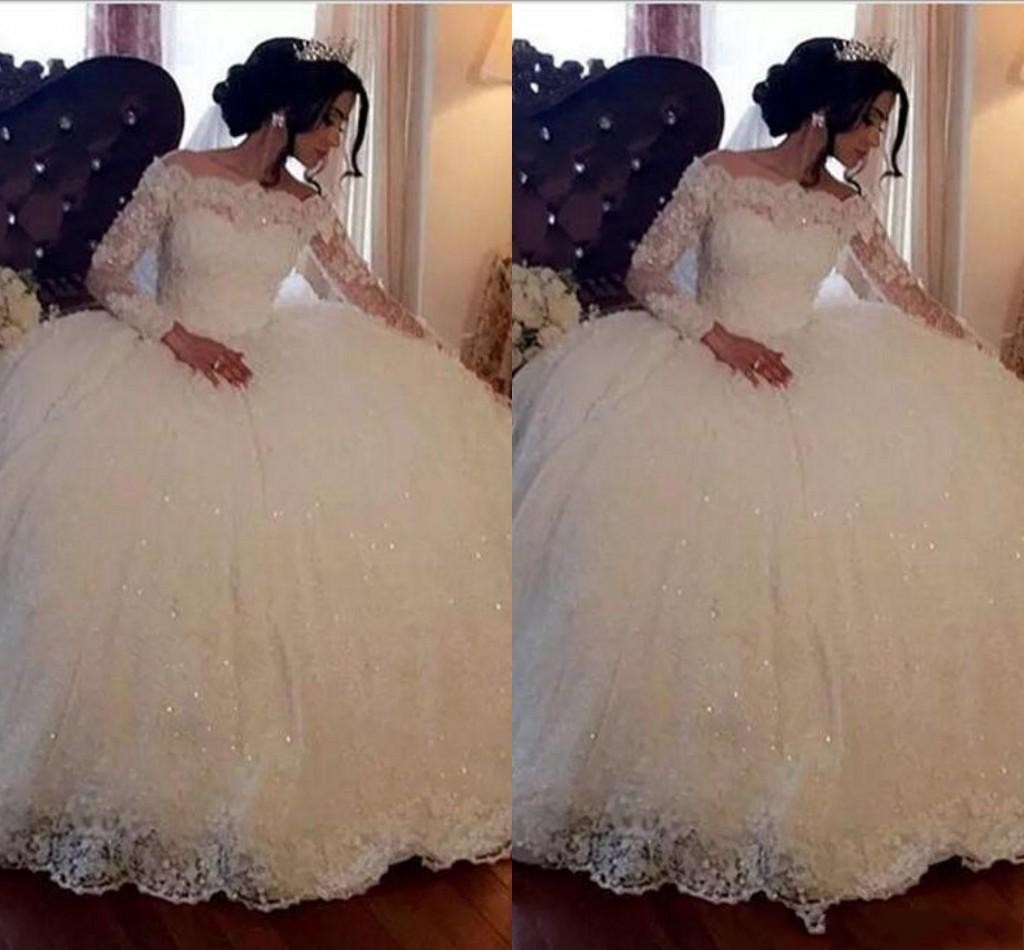2019 New Cheap Puffy Ball Gown Wedding Dresses Long Sleeves Lace Appliques Off Shoulder Sequins Sweep Train Custom Made Formal Bridal Gown