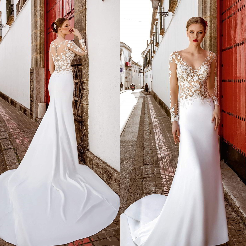 beach mermaid wedding dresses illusion lace appliques long sleeve v neck bridal gowns zipper back appliqued sweep train wedding dress