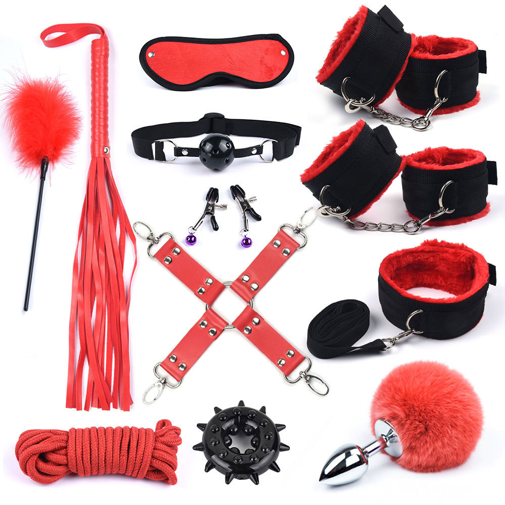 12 Pcs / Set Nylon Plush Sex Toys For Adults Women Handcuffs Whip Mouth Gag Rope Erotic Bdsm Bondage With Metal Anal Tail Fox Y200421