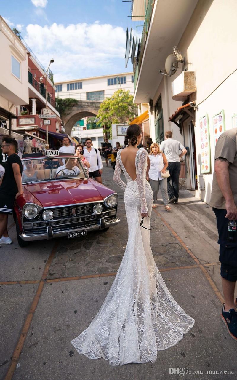 Inbal Dror 2020 Mermaid Wedding Dresses Beaded Lace Appliqued Long Sleeve Wedding Dress Bridal Gowns Deep V Neck robes de soirée