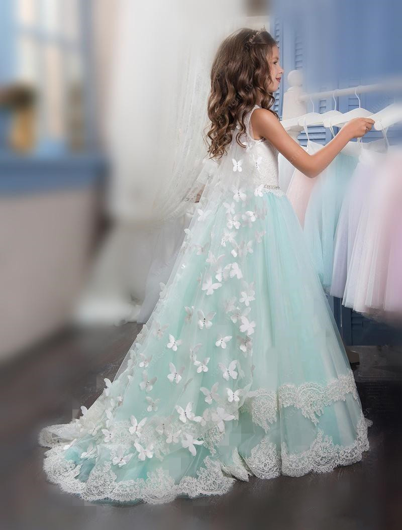 Princess Christmas Flower Girls Dresses For Weddings Sleeveless Butterfly Appliques Beautiful Girls Pageant Dress With Wrap Kids Party Drees