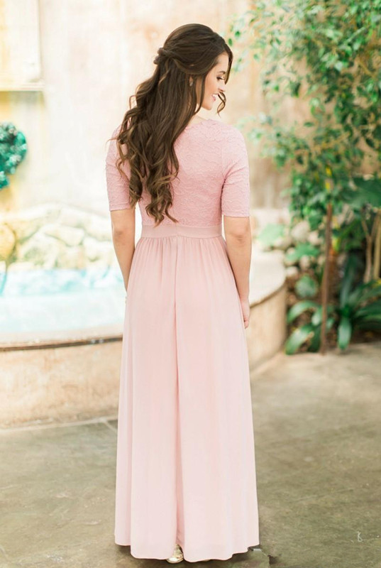 Modest Rose Dusty Long Bridesmaid Dresses With Half Sleeves Lace Chiffon Country Wedding Bridesmaids Dresses Boho Sleeved Custom Made