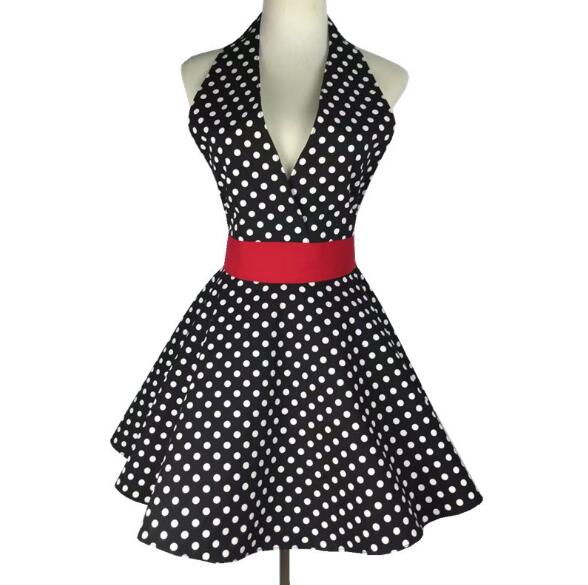 Retro Kitchen Apron Woman Cotton Polka Dot Cooking Apron Vintage Cute Lady Bib Cotton Apron Dress