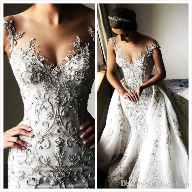Gorgeous Beaded Lace Arabic Wedding Dresses With Detachable Train Sheer Neck Mermaid Bridal Dresses Tulle Vintage Sexy Wedding Gowns