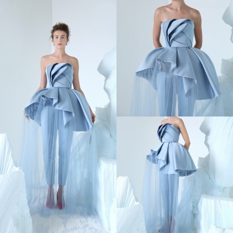 Azzi Osta 2019 Blue Jumpsuits Prom Dresses Simple Strapless Neck Cheap Celebrity Party Gowns Peplum Long Formal Evening Dress