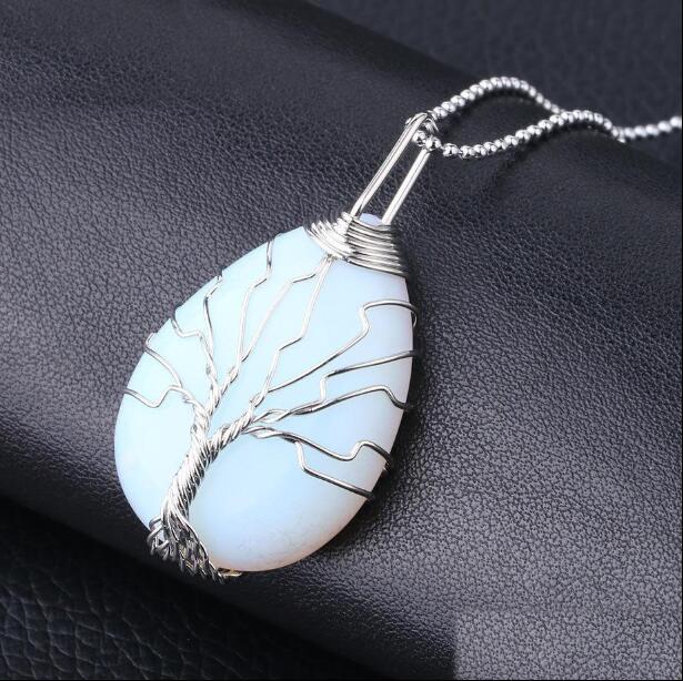 Natural Gemstone Crystal Pendant Necklaces for Men Women Rose Quartz Tiger Eye Opal Tree of Life Pendants with Gold Silver Chains