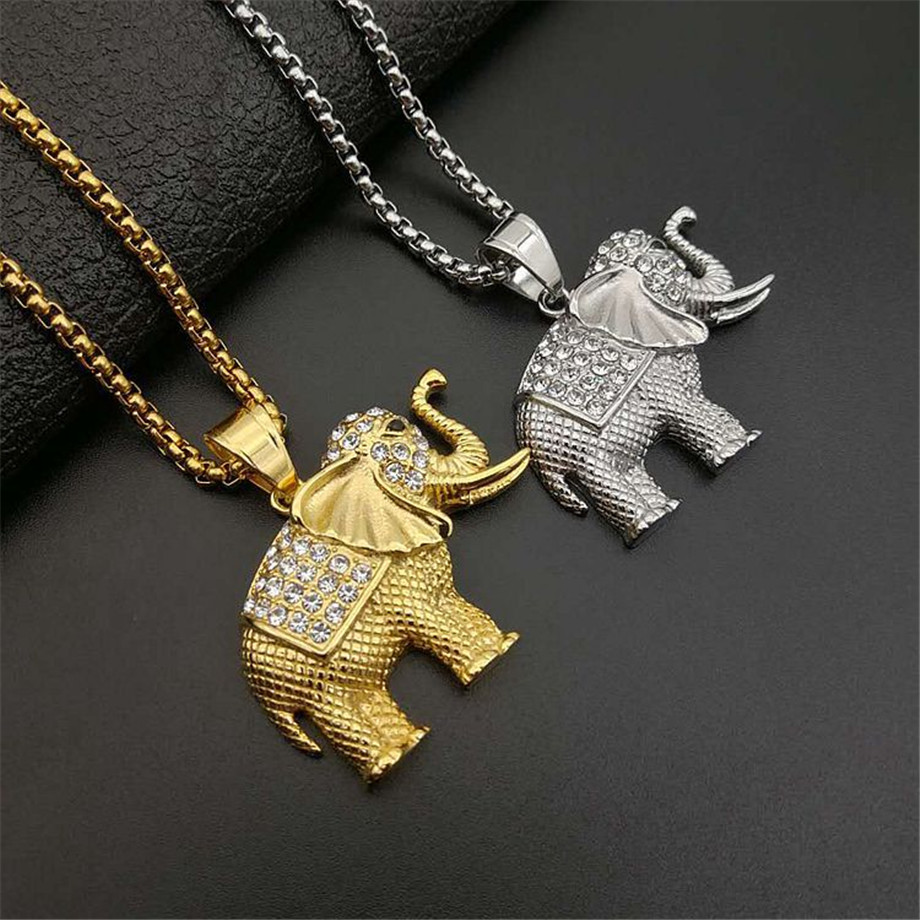 Iced Out Zircon Elephant Pendant Animal Necklace Jewelry Gold Color Stainless Steel Bling CZ Men's Hip Hop Pendant For Women