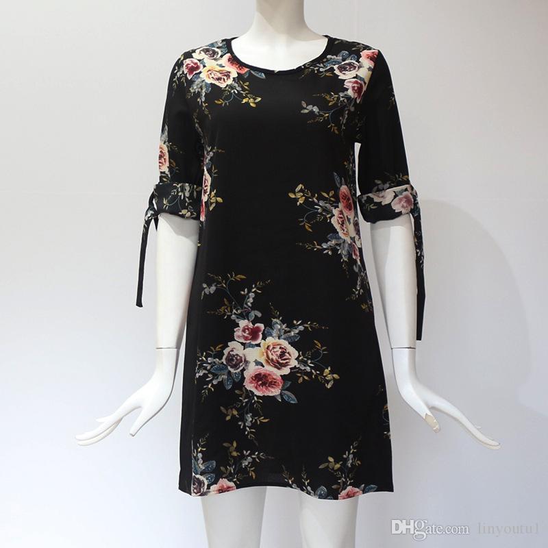 2020 Women Floral Print Beach Chiffon Dress Casual Loose Mini Party Dress Boho Style Sundress Plus Size