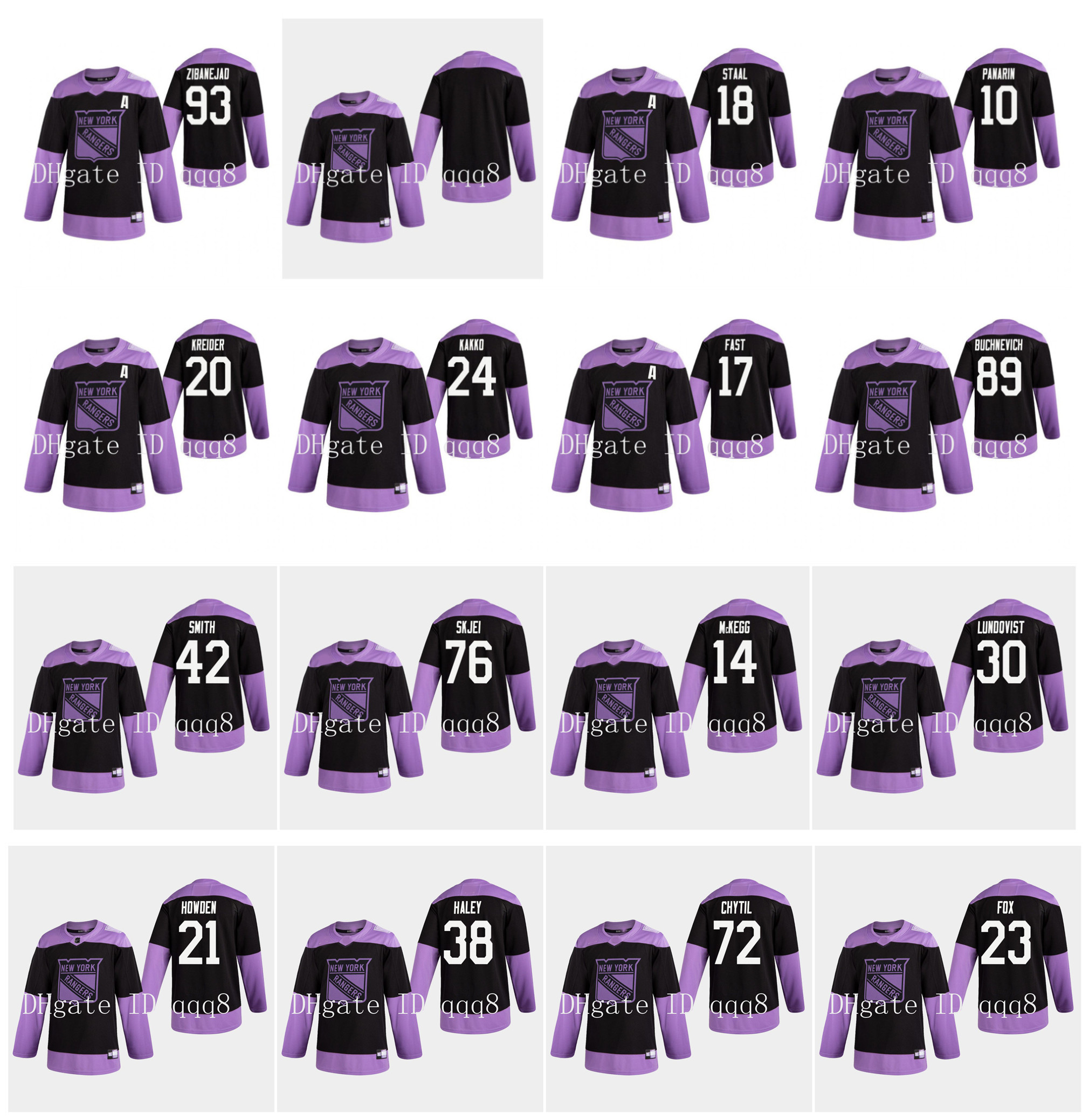 

New York Rangers Fights Cancer Practice Jersey 10 Artemi Panarin 24 Kaapo Kakko 30 Henrik Lundqvist 76 Brady Skjei 93 Mika Zibanejad Hockey, As pic