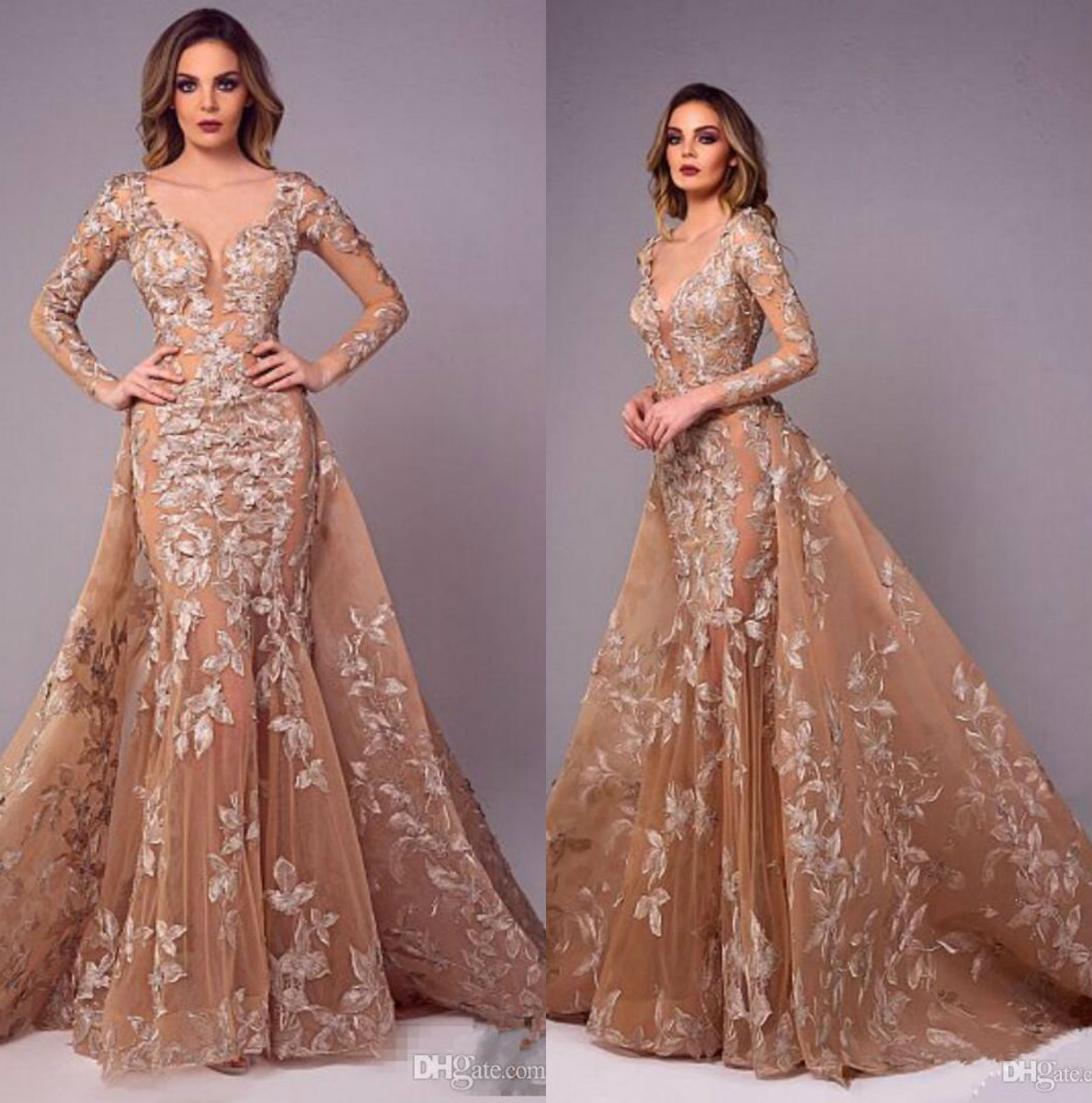 2019 Mermaid Champagne Evening Dresses With Overskirt Long Sleeves Prom Dresses Lace Applique Illusion Plus Size Formal Party Dress