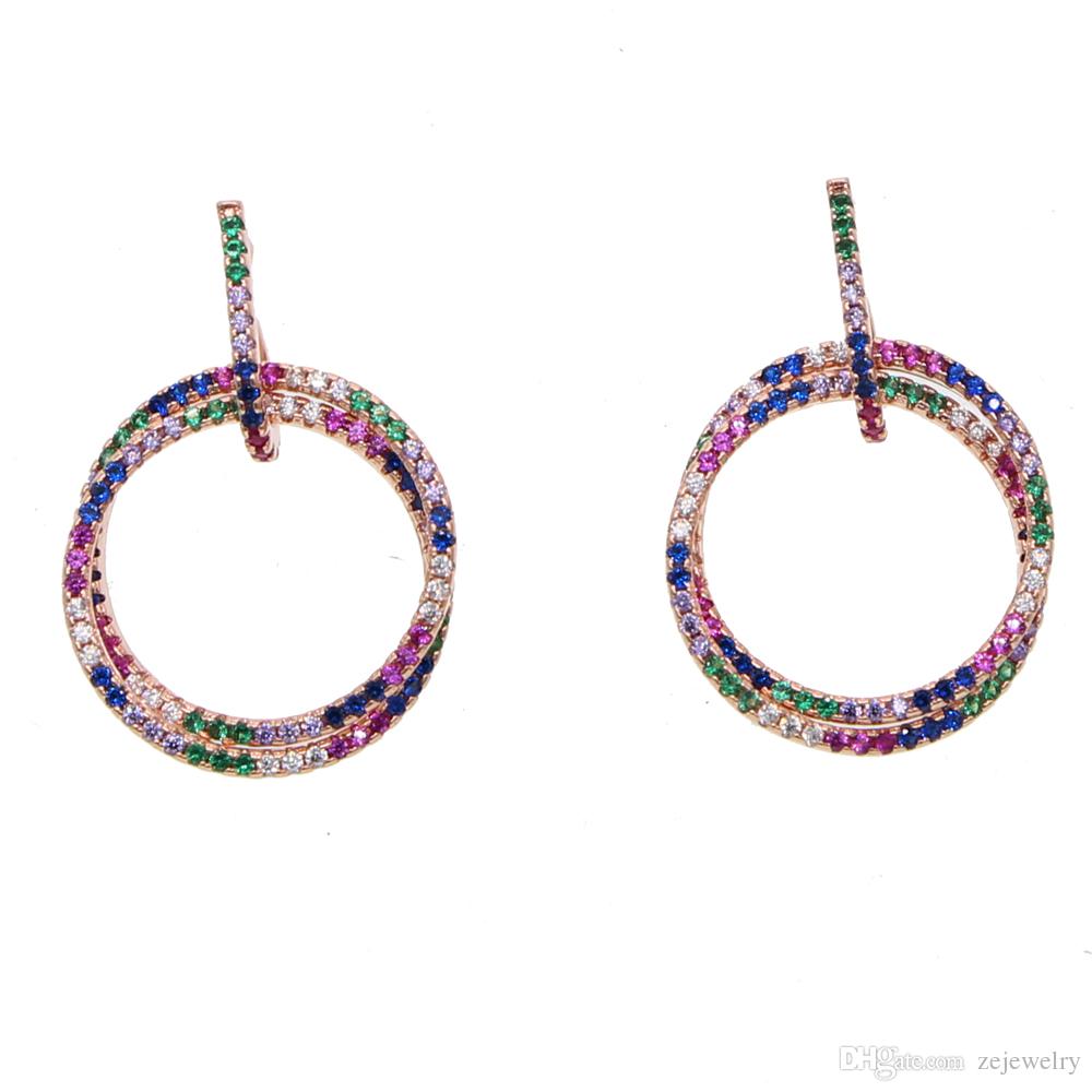 2019 Rose Gold color double round circle mix colorful CZ women classic jewelry top quality latest new design necklace earring setSuit