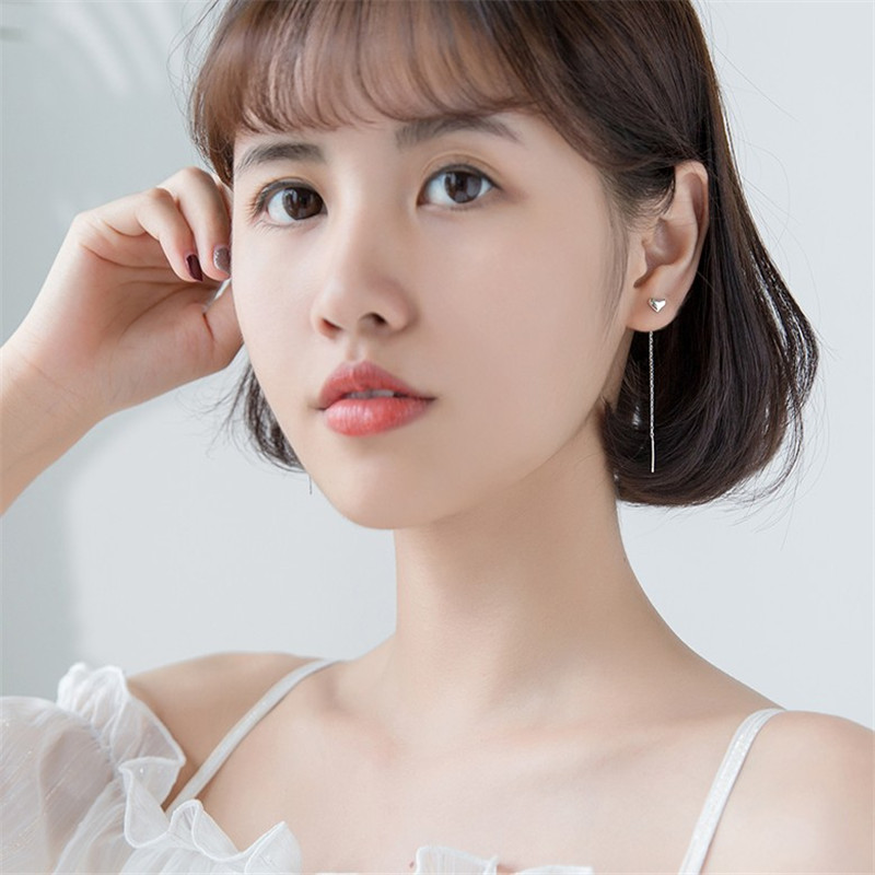 925 Sterling Silver Long Chain Earring For Women Girls New Sweet Heart Dangle Drop Earrings Ear Line Tassel Earring