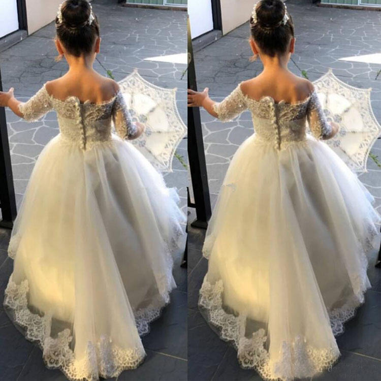 White Flower Girls Dresses Short Sleeve V Neck Girl Formal Party Birthday Pageant Gowns Lace Appliques Princess Wedding Dresses