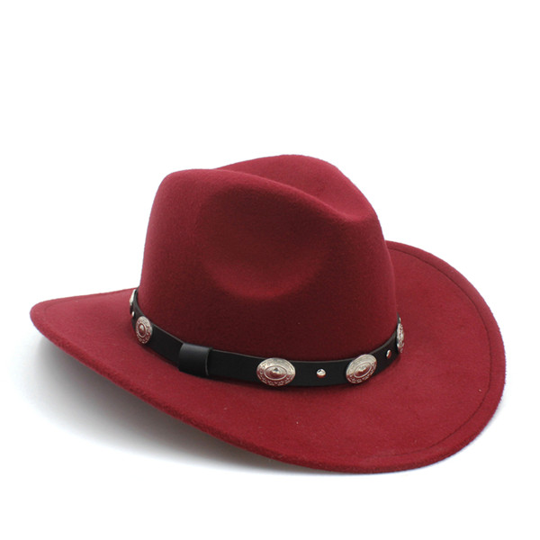 Rollup Large Brim Wool Felt Hats Women Men Western Cowboy Hat With Punk Leather Belt Jazz Cap