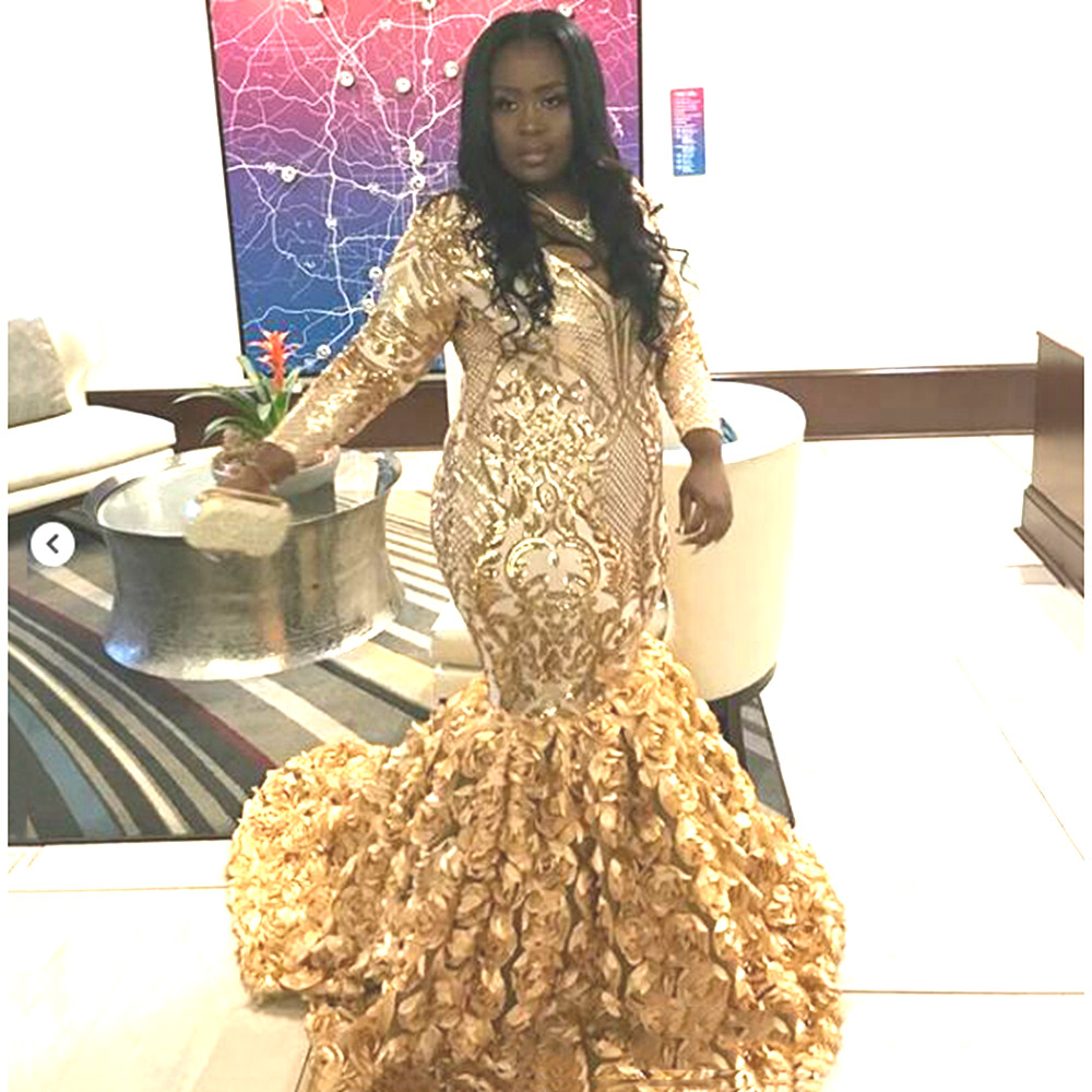 Plus Size Gold Mermaid Prom Dresses Sexy V Neck Long Sleeve Evening Dresses Ruffles 3D Rose Flower Pageant Gowns