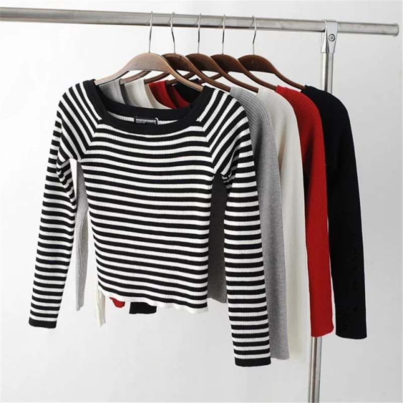 2020 spring Off Shoulder Knitted T-shirts Sweater Women Black white Striped crop Top red Casual Ladies Long Sleeve slim Tops
2020 spring Off Shoulder Knitted T-shirts Sweater Women Black white Striped crop Top red Casual Ladies Long Sleeve slim Tops