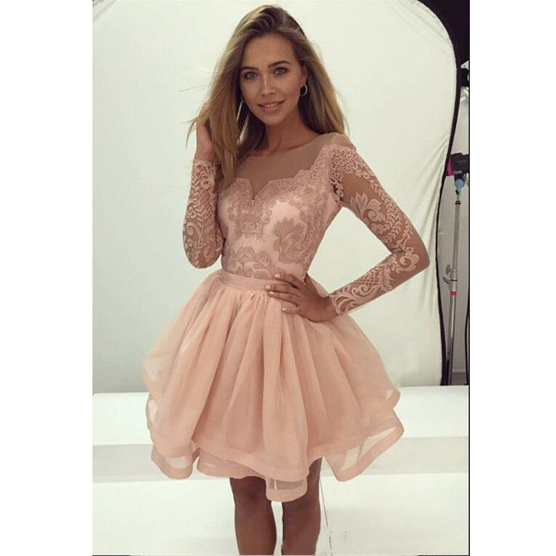 New Coral Homecoming Cocktail Dresses Jewel Neck Long Sleeves Peach Lace Appliques Beaded Prom Dresses Party Dress Plus Size Gowns