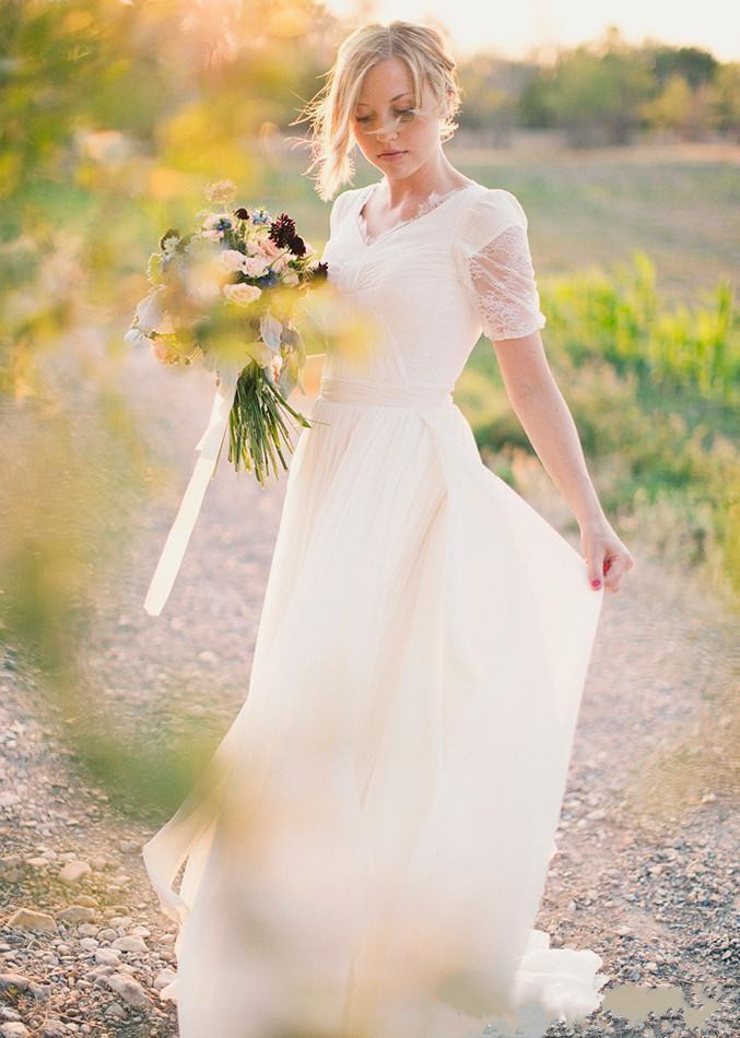 informal modest chiffon wedding dresses v neck cheap simple country short sleeve lace bridal gowns vestidos de novia