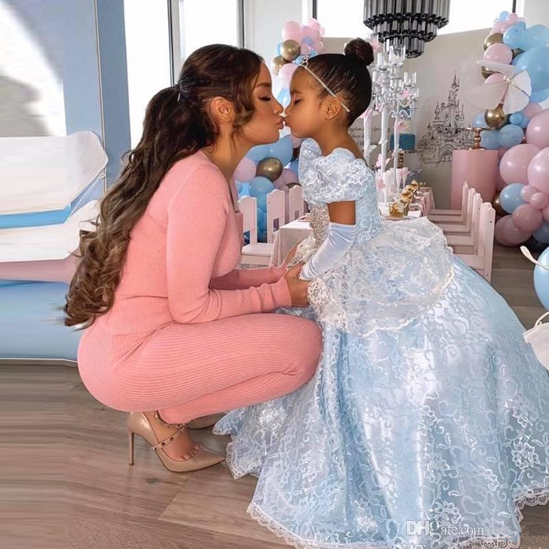 Decoration Princess Ball Gown Flower Girls Dresses For Weddings Light Sky Blue Kids Formal Wear Lace Pageant Gown vestidos de primera