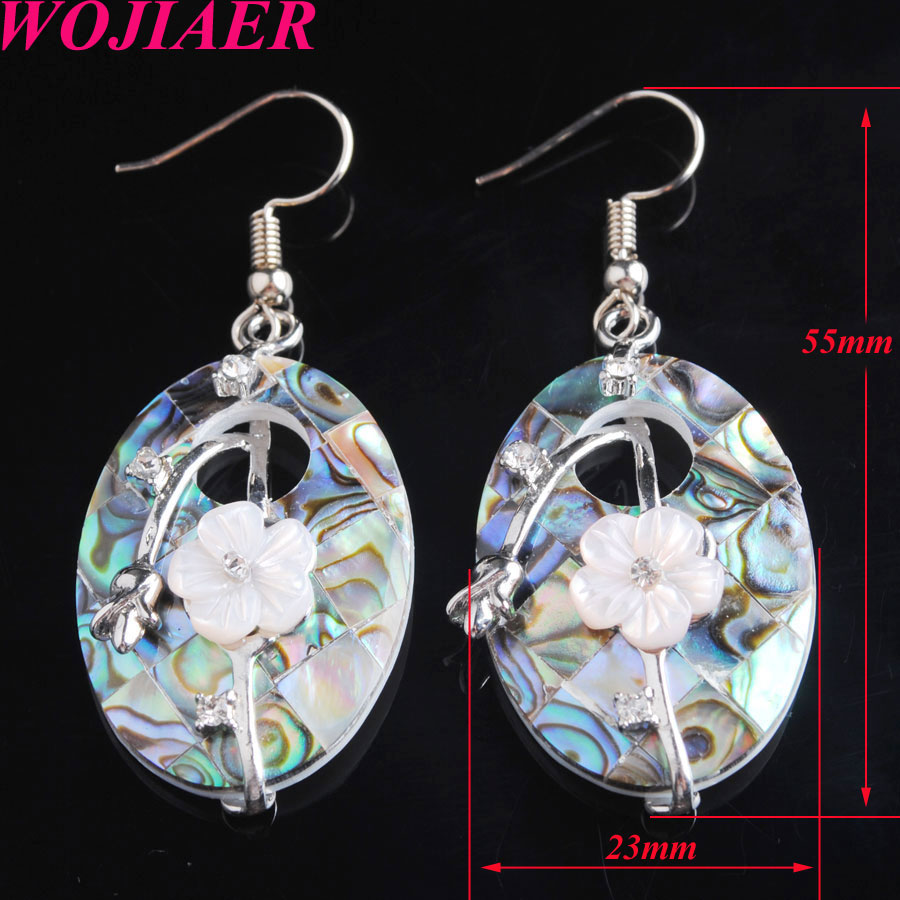 WOJIAER Fashion Hollow Women Dangle Earrings Natural Donut Mother of Pearl Abalone Shell Flower Crystal CZ Jewelry Earring BV909