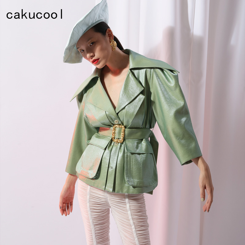 Cakucool Women Runway Design Jacket Faux Leather Double Turn-down Collar Sashes High Waist Coat High Street Vintage Jackets Lady, Green
Cakucool Women Runway Design Jacket Faux Leather Double Turn-down Collar Sashes High Waist Coat High Street Vintage Jackets Lady, Green
