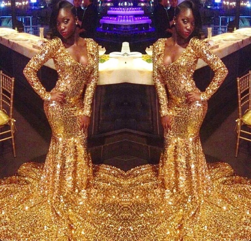 Sparkly Gold Sequins Prom Dresses 2019 African Mermaid Long Sleeves Black Girls Prom Dress Women Sexy Evening Party Gowns
