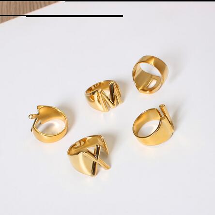 Hollow A-Z Letter Gold Color Metal Adjustable Opening Ring Initials Name Alphabet Female Party Personalized Party Jewelry SHU32