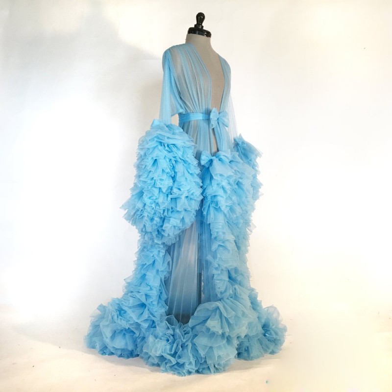2019 Sexy Women Sleepwear Bath Robes Long Sleeve Illusion Tulle Bride Pajama With Ruffle Night Gowns Dresses