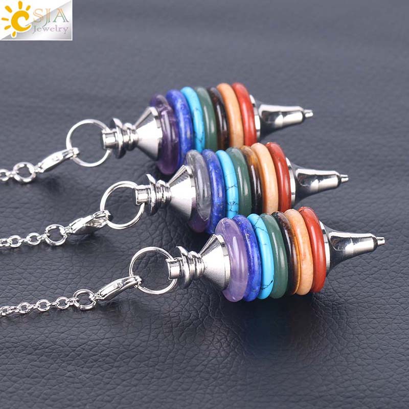 7 Color Round Hollow Stone Layer Pendulum Dowsing Divination Healing Chakra Chain Yoga Balancing Reiki Pendant Jewelry