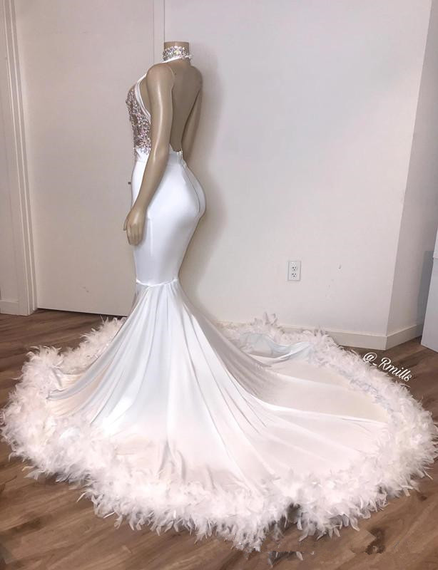 Sexy Backless White Mermaid Prom Dresses 2020 With Feather Silver Lace Plus Size Formal Special Occasion Gowns Cheap Vestidos De Novia