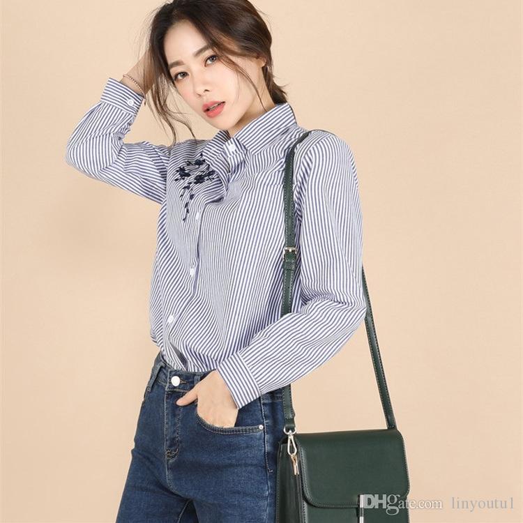 2020 Floral Embroidery Striped Blouse Women Long Sleeve Shirt And Tops Casual Cotton Plus Size 3XL Tops Office Lady