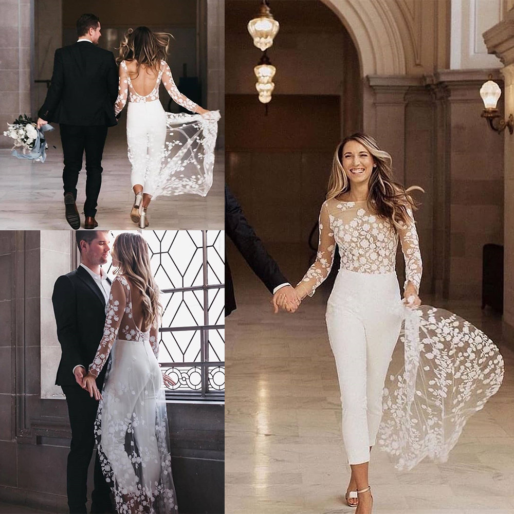 Designer 2020 Jumpsuit Beach Wedding Dresses Jewel Neck Long Sleeve Backless Ankle Length Bridal Outfit Lace Summer Wedding Gowns