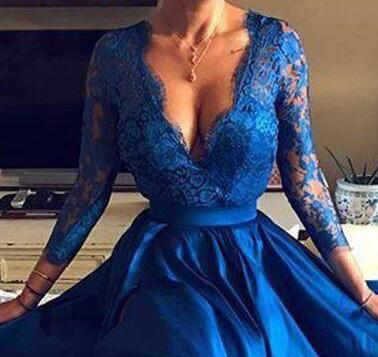 Women Formal Evening Dresses Party Gowns V Neck Lace Appliques Long Sleeve Front Split Prom Dresses