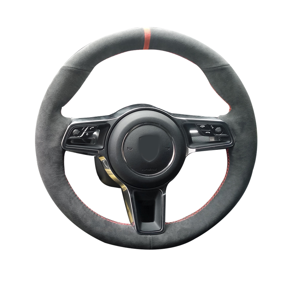 Black Suede Leather Steering Wheel Red Marker&Stitch Wrap Cover Fit For Porsche Cayenne 2015-2016