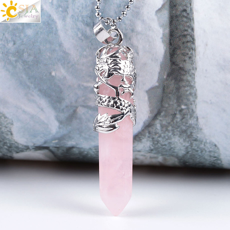 Dragon Tribe Totem Natural Stone Hexagonal Crystal Quartz Prism Ethnic Pendant Necklace Hanging Jewelry for Women Men