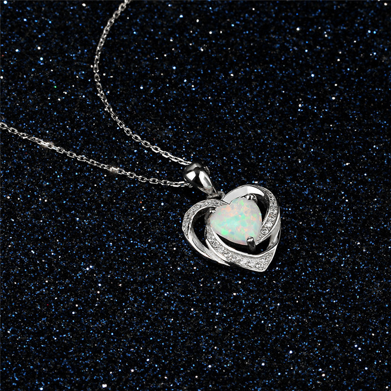 New Fashion Heart Pendant Necklaces For Women 925 Sterling Silver White Heart Opal Necklace With Zircon Wedding Jewelry