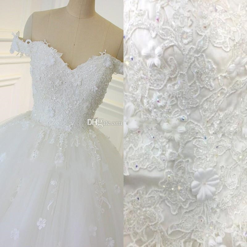Lace Ball Gown Wedding Dresses Vintage Arabic Off-the-shoulder Beads Handmade Flowers Wedding Bridal Gowns Real Picture