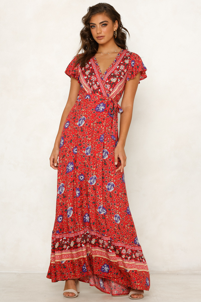 New Popular 2019 Summer Women Vneck Short Sleeve Boho Bohemian Floral Print High Split Beach Long Dress Wrap Maxi Dresses T200107
